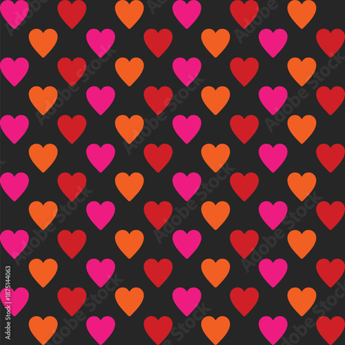 Pattern created from neon pink, orange and red hearts on a black background