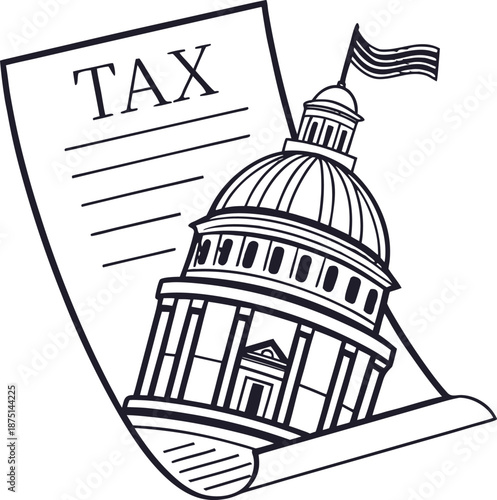 Tax and Capitol Symbol: An illustration of a tax document is accompanied by the architectural rendering of the Capitol.