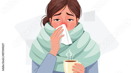 Young woman with cold symptoms, red nose and red eyes, holding a cup of hot drink and blowing her nose with a tissue
