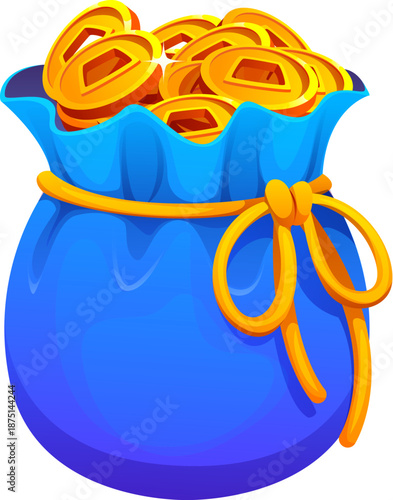 Chinese Lunar New Year happy bag or lucky poach with money coins, cartoon vector. CNY holiday symbol of blue money bag with gold coins for good fortune, wealth and prosperity on Chinese Lunar New Year