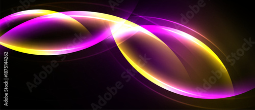 Abstract design features glowing shapes, vibrant purple, gold hues. Smooth curves create dynamic visual impact against dark background.
