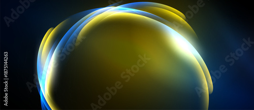Abstract golden swirl, blue background. Bright light emanates from center, creating dynamic visual effect. Smooth curves suggest movement.