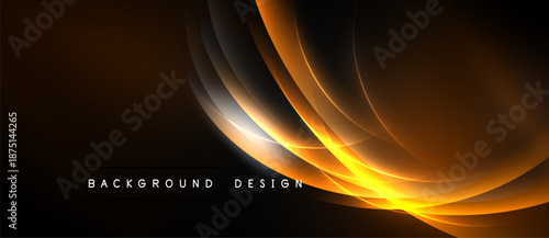 Dynamic curves, warm colors, elegant design. Light radiates from center, creating modern aesthetic. Dark background enhances visual impact.