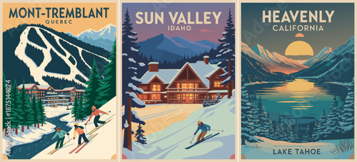 Ski Resort Travel Poster – Mont Tremblant Sun Valley Heavenly Lake Tahoe Illustration