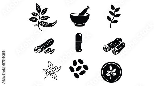 A collection of black and white icons representing herbal medicine and natural remedies