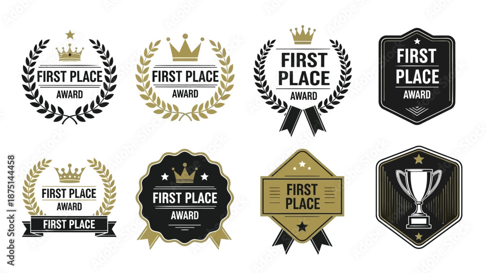 Obraz premium Collection of gold and black first place award badges and labels with crowns and laurel wreaths on white background