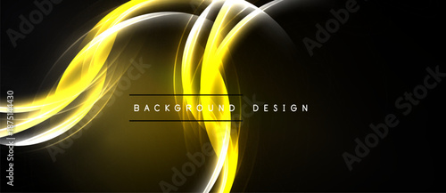 Dynamic yellow light streaks over black background. Modern design evokes energy, movement, sophistication. Simple yet impactful visual.