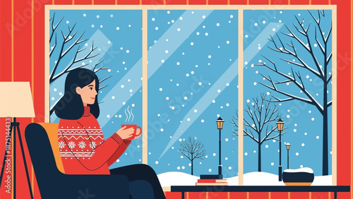 Cozy winter scene of a woman enjoying a warm drink by the window as snow falls gently outside