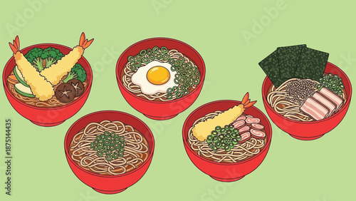 Vibrant illustration showcasing a delicious variety of traditional Japanese noodle dishes, including soba and udon, topped with diverse ingredients