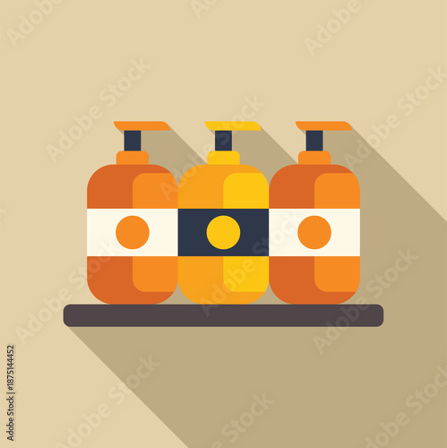 Three dispenser bottles on a shelf promoting hygiene and cosmetic products