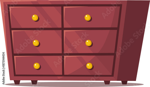 Cartoon style wooden dresser with six drawers and golden knobs.