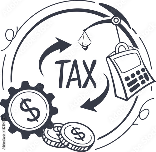 Tax and Financial Concepts: An engaging graphic, illustrating the fundamental concepts of taxation and financial management, featuring elements like currency, computation devices.