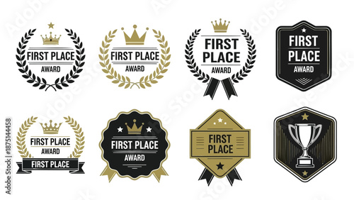 Collection of gold and black first place award badges and labels with crowns and laurel wreaths on white background