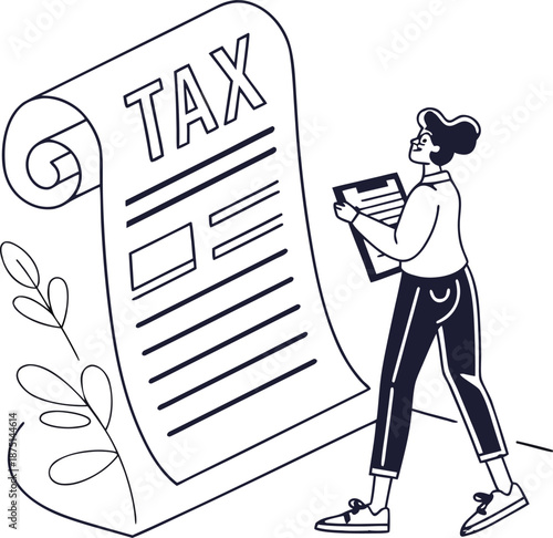 Navigating Taxes: An individual intently examines a massive tax document, emphasizing the importance of diligent financial management and understanding of fiscal responsibilities. 