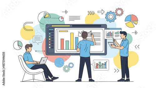 Business analytics concept illustration with charts and diagrams featuring team collaboration and technology integration