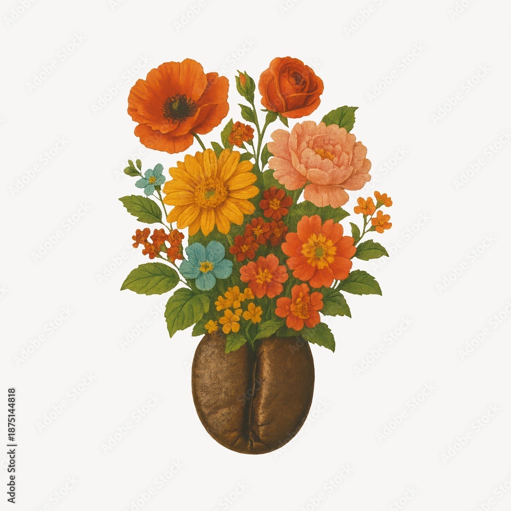 Fototapeta premium Vibrant floral coffee bean illustration.