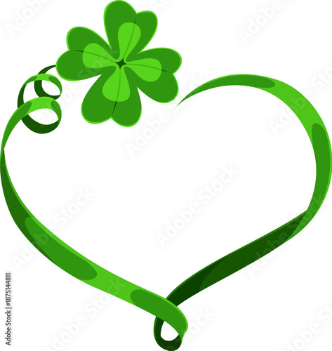 Green heart frame with a four leaf clover happy St Patrick day symbol of love, luck and Irish heritage. Cartoon vector symbol or emblem represents fortune, affection, pride and celebration