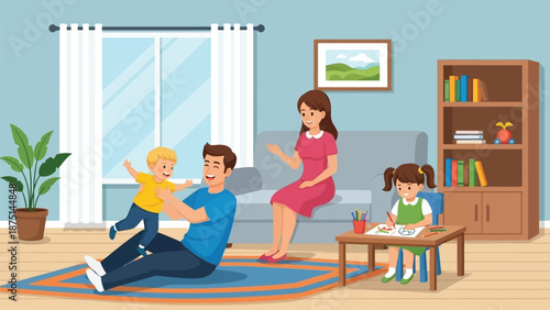 Joyful family moments at home, with a loving father playing with his baby and a creative daughter drawing, depicting happy domestic life and parental bonding