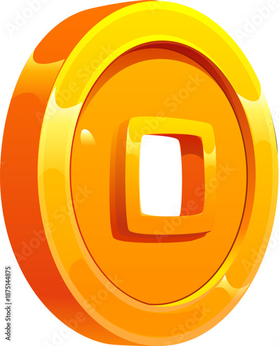 Chinese golden coin with square hole, Lunar New Year icon, symbolizing prosperity, wealth, good fortune. Cartoon vector shiny coin for CNY holiday celebration, Feng Shui symbol for attracting success