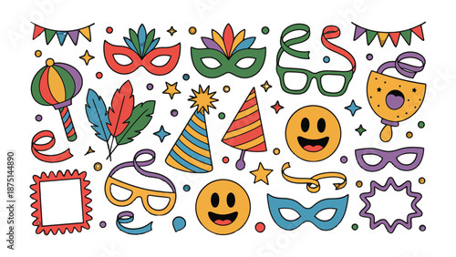 Festive Carnival Collection: A whimsical assortment of vibrant masks, playful accessories, and joyful symbols. It's a joyful party filled with lively elements that evoke celebration, excitement.