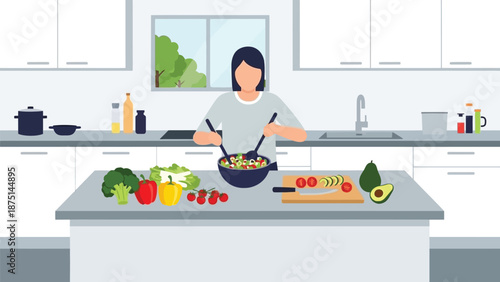 Woman preparing a healthy salad in a modern, bright kitchen filled with fresh vegetables and ingredients