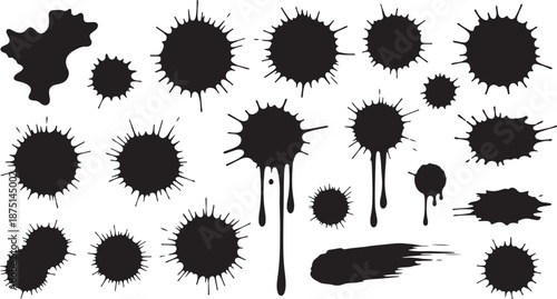 Collection of black ink splatter silhouettes for graphic design