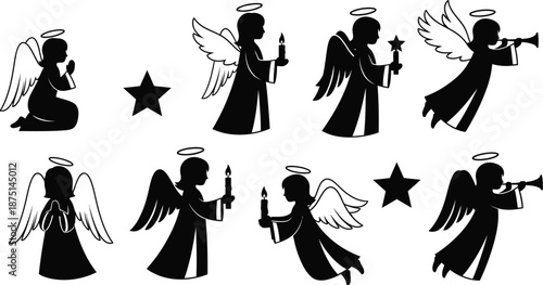 praying, flying, and holding candles or trumpets. 