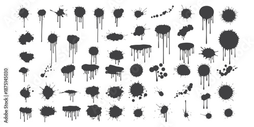 Collection of black and white paint splatter illustrations for graphic design