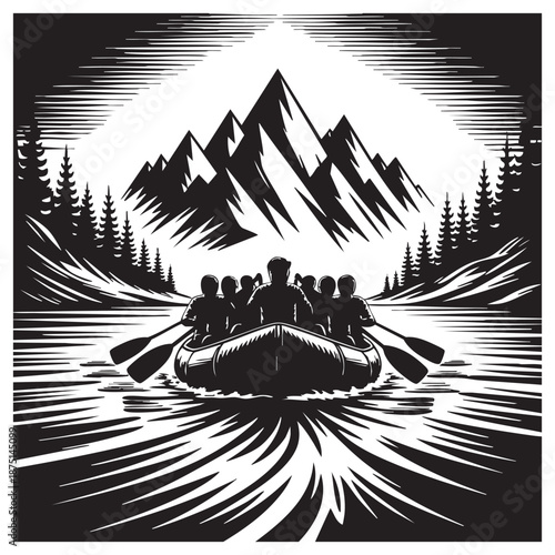 Black and white of people rafting down a river towards mountains boat paddling