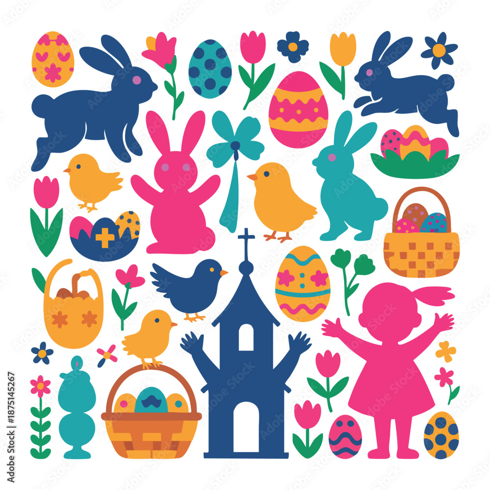 Naklejka premium Collection of colorful Easter holiday with bunnies chicks and eggs spring celebration