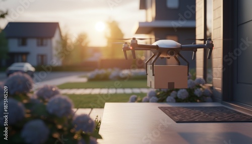 Wallpaper Mural Autonomous delivery drone carrying a package to a suburban doorstep Torontodigital.ca