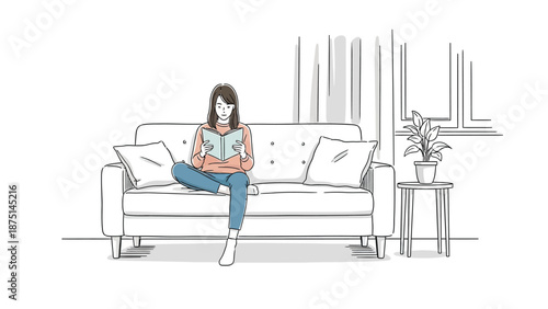 Woman relaxing on a comfortable couch reading a book in a cozy living room scene