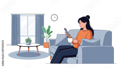 Young Woman Enjoying Relaxing Moments at Home, Engaged with Her Smartphone and a Warm Drink on a Comfortable Sofa in a Cozy Living Room Setting