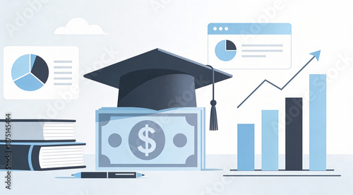 illustrating financial aspects of education with graduation cap on money, charts, books, and pen. Ideal for student loans, academic funding or economic value visuals