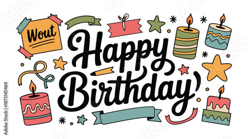 Happy Birthday Graphic with Candles and Stars: A joyful birthday greeting composed of vibrant candles, sparkling stars, and cheerful ribbons, conveying warmth and celebration.