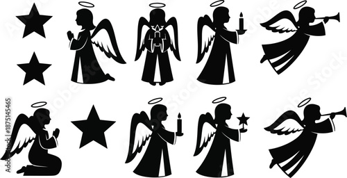 praying, flying, and holding candles or trumpets. 