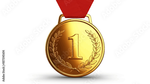 Golden first place medal with red ribbon