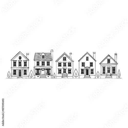 Row of black and white line houses with trees and windows home building architecture residential