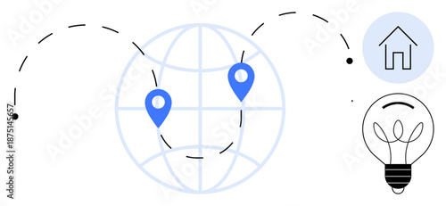 Global communication, technology, remote work, innovation, creativity, navigation. ion of a globe with location markers, lightbulb and home symbol. Global communication and technology concept