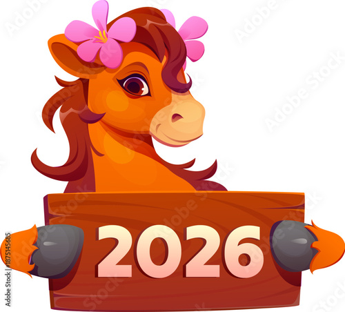 Chinese lunar New Year cartoon funny horse with 2026 greeting banner, vector character CNY holiday. Chinese New Year symbol of cheerful horse with flowers in mane hair and 2026 wooden plank in hoofs