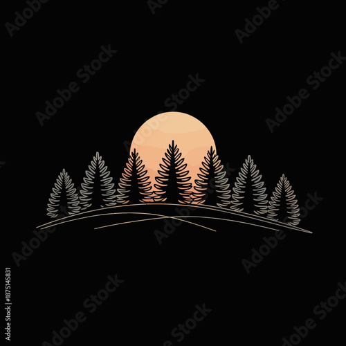 This minimalist artistic image captures a beautiful sunset behind tall pine trees, exuding tranquility and a sense of connection with the natural world around us.