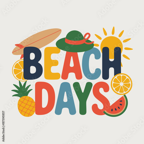 A vibrant design showcasing summer beach elements like a surfboard, hat, sun, and fruits, capturing the essence of fun and relaxation during sunny beach days.