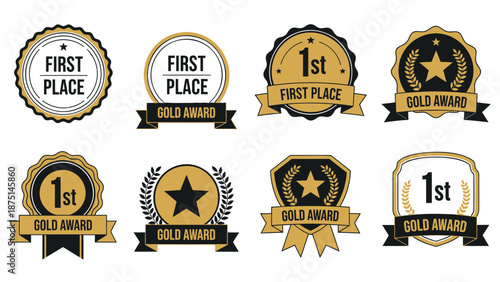 Golden award badges for first place winners with stars and ribbons on white background