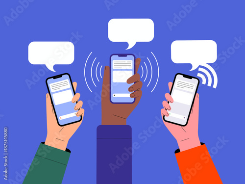 Three hands gripping smartphones displaying chat notifications against a blue backdrop, symbolizing communication and connectivity in the digital age of social interactions.