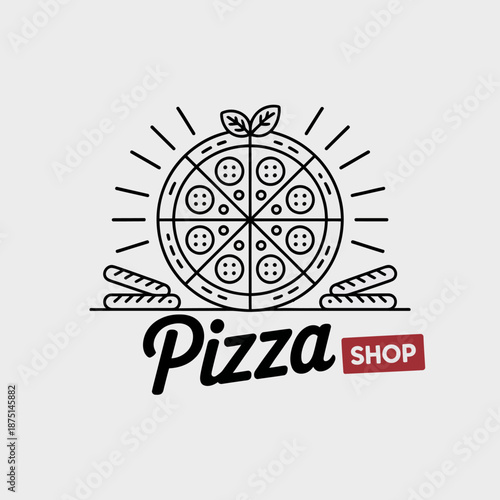 A minimalist black and white logo design of a pizza with toppings, capturing the essence of pizzerias and the classic appeal of pizza as a beloved food item.