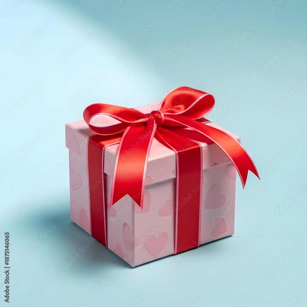 Fototapeta premium Pink Heart Pattern Gift Box with Luxury Red Satin Ribbon on Pastel Blue Background