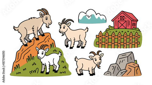 Goats in the Meadow:  A charming scene featuring several goats interacting peacefully amidst a quaint landscape. Perfect for illustrations, showcasing rural life and animal companionship.