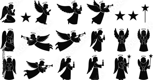 praying, flying, and holding candles or trumpets. 