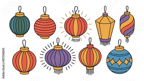 Festive Lanterns Display: A vibrant assortment of paper lanterns, each adorned with unique patterns and colors, hang gracefully against a backdrop.