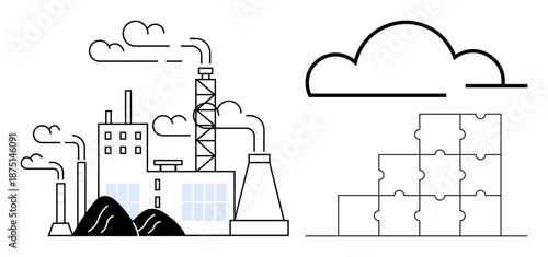 Environmental challenges. Depiction of factory emissions and cloud puzzle connections. Environmental challenges focus on sustainability, emissions, and industrial impact. For renewable energy, air